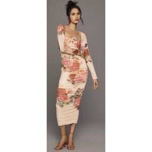 AFRM Maggie Square-Neck Long-Sleeve Rose Printed Midi Ruched Bodycon Dress S NWT